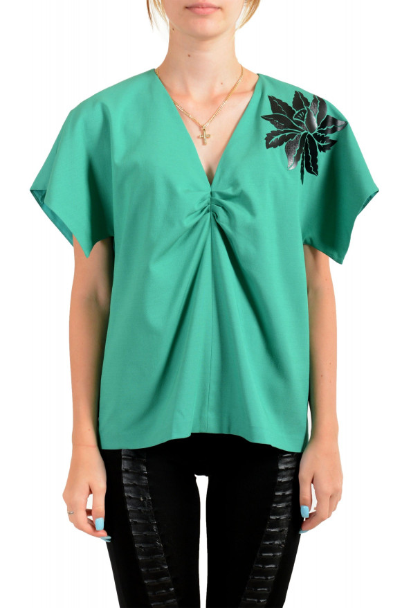 Just Cavalli Women's Emerald Green Wool Short Sleeve Blouse Top
