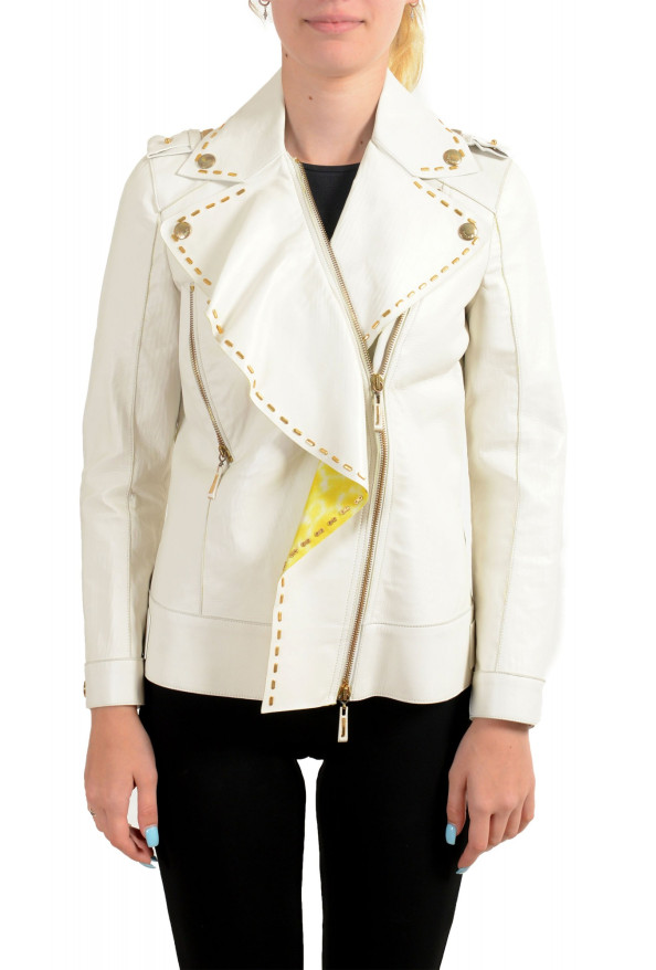 Just Cavalli Women's Ivory 100% Leather Zip Up Blazer Jacket 