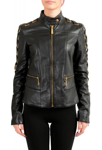 Just Cavalli Women's Black 100% Leather Full Zip Bomber Jacket 