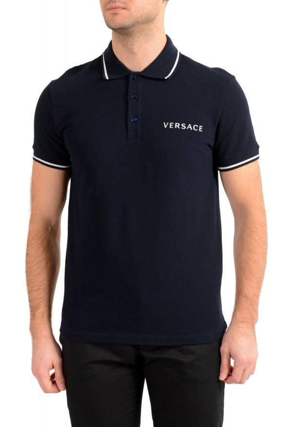 Versace Men's Navy Blue Logo Print Short Sleeve Polo Shirt