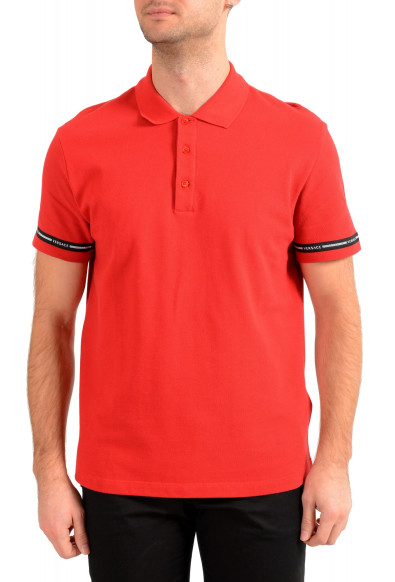 Versace Men's Red Logo Print Short Sleeve Polo Shirt 