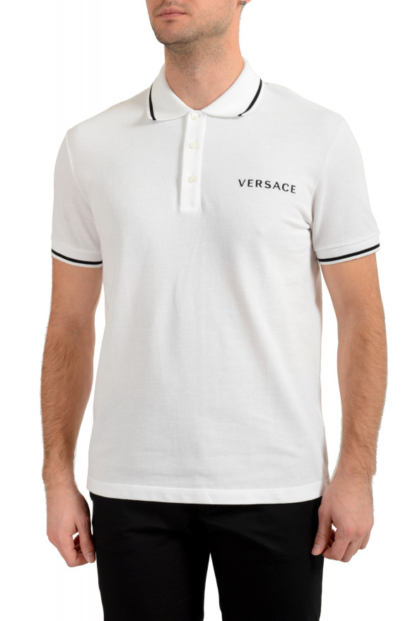 Versace Men's White Logo Print Short Sleeve Polo Shirt