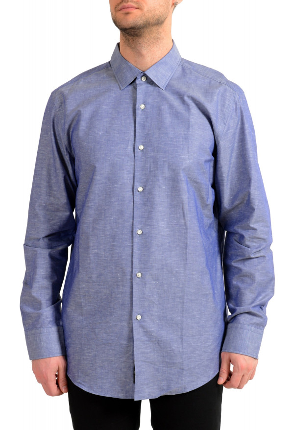 Hugo Boss Men's Jenno Slim Fit Linen Blue Long Sleeve Dress Shirt