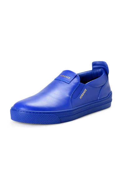 Versace Men's Royal Blue Logo Print Leather Moccasins Slip On Loafers Shoes
