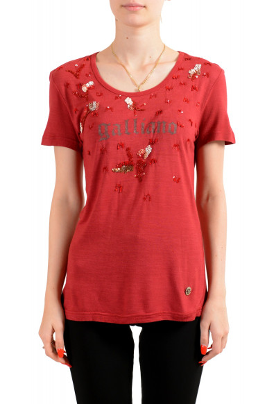 John Galliano Women's Red Embroidered Crewneck T-Shirt Top 