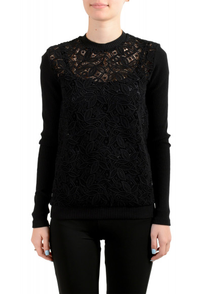 Versus by Versace Women's Black Floral Print Lace See Through Crewneck Sweater