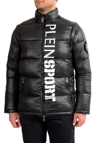 Plein Sport Men's Black Logo Print Zip Up Parka Vest With Detachable Sleeves