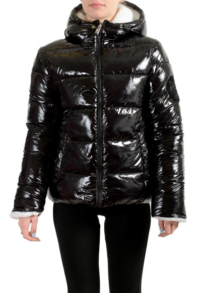 Plein Sport Women's Black Hooded Reversible Sherpa Logo Print Parka Jacket