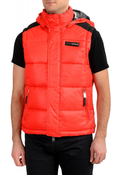 Plein Sport Men's Bright Red Hooded Logo Print Zip Up Sleeveless Jacket Vest