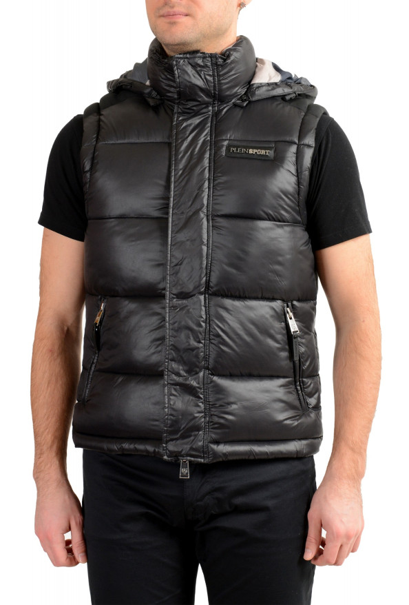 Plein Sport Men's Black Hooded Logo Print Zip Up Sleeveless Jacket Vest