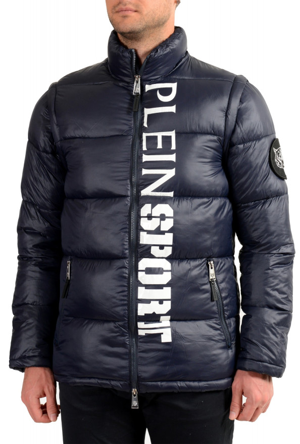 Plein Sport Men's Navy Blue Logo Print Zip Up Parka Vest With Detachable Sleeves
