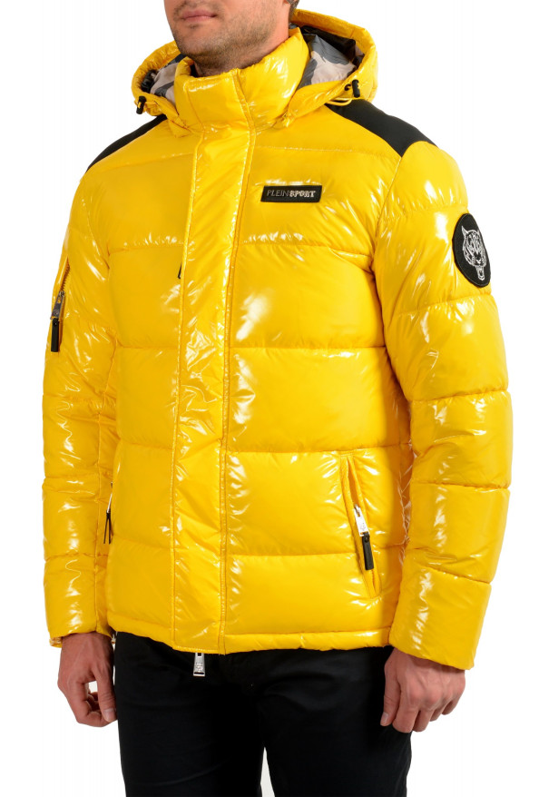 Plein Sport Men's Yellow Logo Print Zip Up Hooded Parka Jacket: Picture 4
