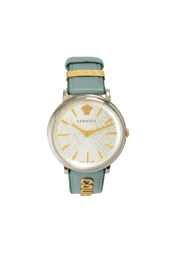 Versace Unisex V Circle "Courage" Light Blue Leather Strap Watch