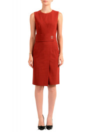 Hugo Boss Women's "Dycella" Red Wool Striped Crewneck Sleeveless Pencil Dress