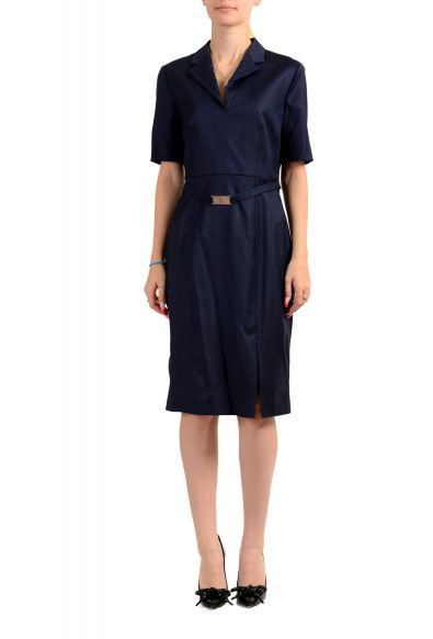 Hugo Boss Women's "Debutina" Blue 100% Wool Belted Pencil Dress 