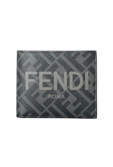 Fendi Men's Black & Gray Logo Print Textured 100% Leather Bifold Wallet