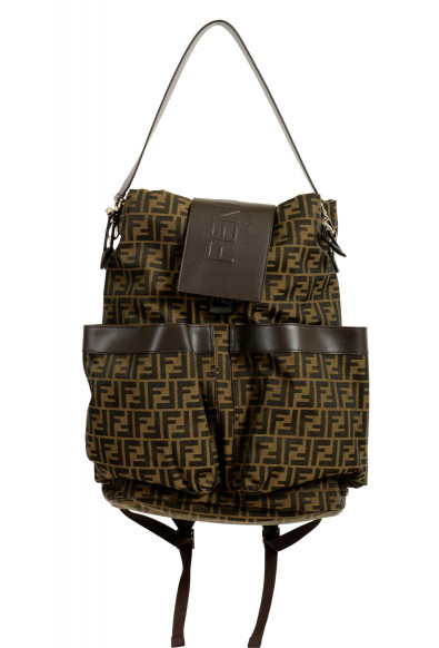 Fendi FF Logo Print Jacquard Fabric Leather Trimmed Drawstring Backpack Bag