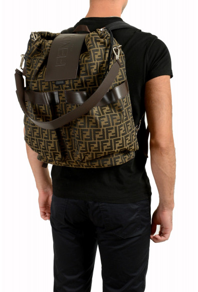 Fendi FF Logo Print Jacquard Fabric Leather Trimmed Drawstring Backpack Bag: Picture 2