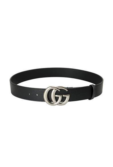 Gucci Black 100% Textured Leather Metal Silver Double G Buckle Belt: Picture 2