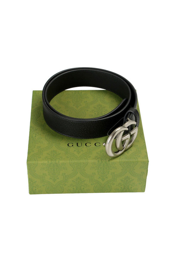Gucci Black 100% Textured Leather Metal Silver Double G Buckle Belt: Picture 4