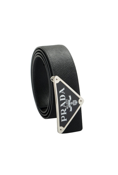 Prada Men's Black Leather Enameled Detachable Logo Buckle Belt