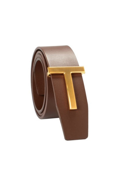 Tom Ford Brown Leather Metal T-Buckle Decorated Belt 