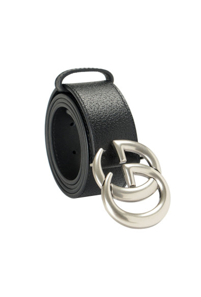 Gucci Black 100% Textured Leather Metal Silver Double G Buckle Belt 