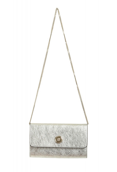 Versace Women's Silver Textured Leather Metal Chain Strap Shoulder Bag