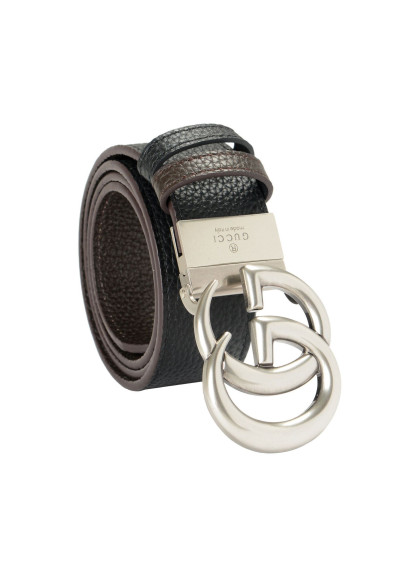 Gucci 100% Leather Metal Silver Double G Buckle Reversible Belt 
