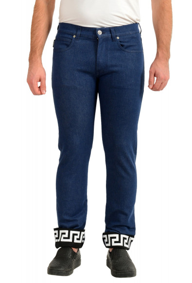 Versace Men's Medium Blue Straight Leg Creca Print Jeans