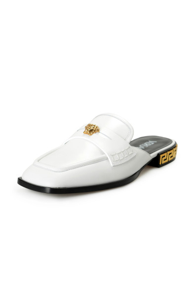 Versace Women's White Gold Medusa & Greca Print Leather Sandals Sabot Shoes