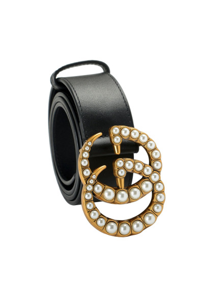 Gucci Black Leather Double Pearl G Buckle Belt 