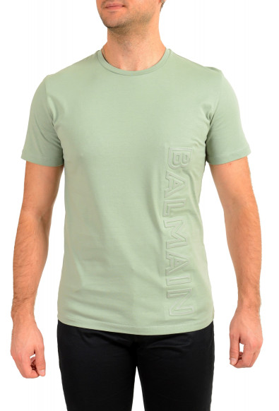 Balmain Men's Light Green Embossed Balmain Logo Crewneck Short Sleeve T-Shirt