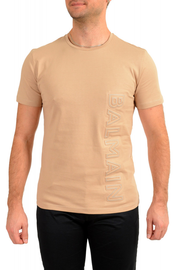 Balmain Men's Sand Beige Embossed Balmain Logo Crewneck Short Sleeve T-Shirt