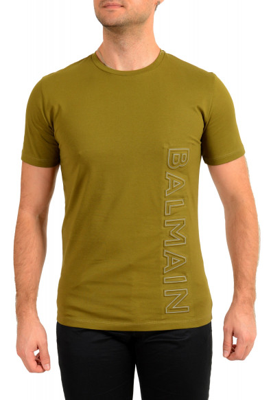 Balmain Men's Khaki Embossed Balmain Logo Crewneck Short Sleeve T-Shirt