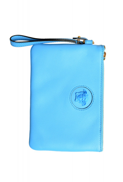 Versace Women's Blue 100% Pebbled Leather Medusa Embellished Handbag Clutch Bag