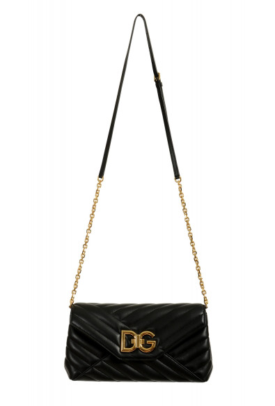 Dolce & Gabbana Women's Black Quilted Leather Gold Metallic Logo Crossbody Bag