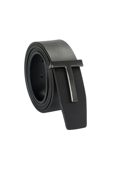 Tom Ford Black Leather Metal T-Buckle Decorated Belt 