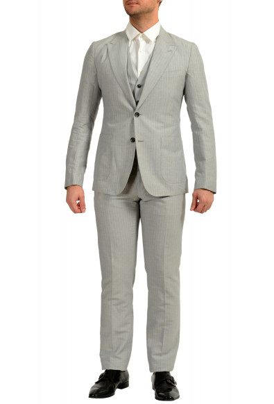 Dolce & Gabbana Men's Gray Linen Striped Three Piece Two Button Suit