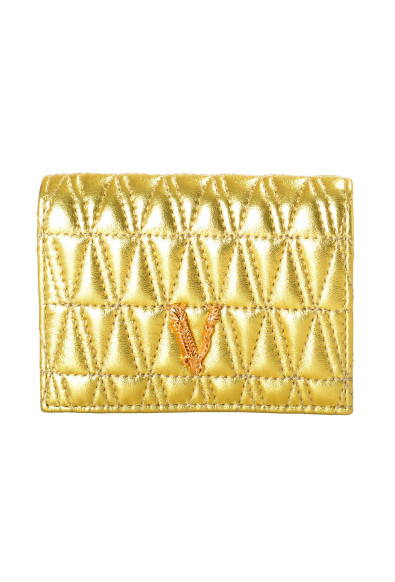 Versace Women's Gold 100% Leather Quilted Card Case Compact Wallet
