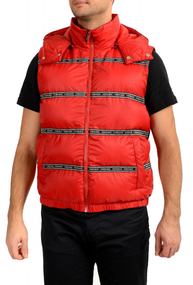 Versace Men's Red Logo Print Full Zip Sleeveless Parka Hooded Vest 