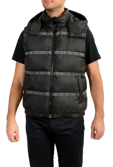 Versace Men's Black Logo Print Full Zip Sleeveless Parka Hooded Vest 