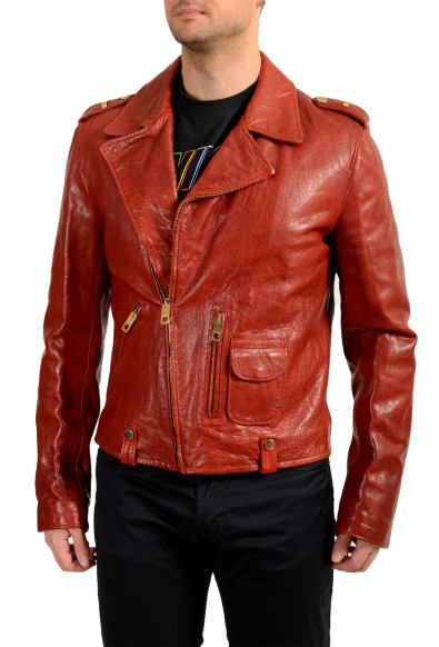 Dolce & Gabbana Men's Red Textured 100% Leather Bomber Jacket