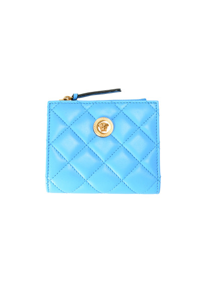 Versace Women's Blue 100% Leather Quilted Card Case Compact Wallet