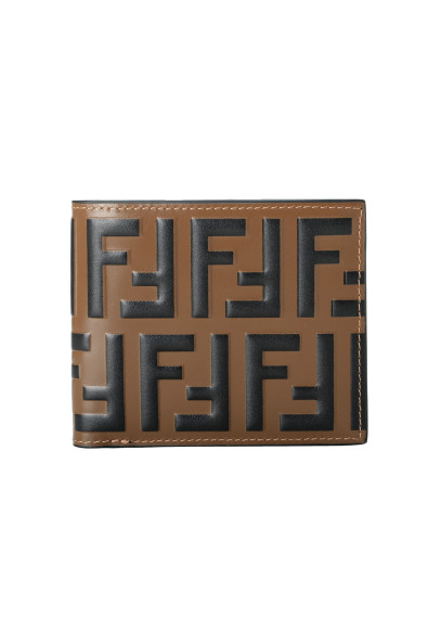 Fendi Men's Black & Brown Logo Print Textured 100% Leather Bifold Wallet