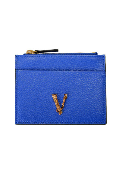 Versace Women's Royal Blue 100% Textured Leather V-Logo Card Case
