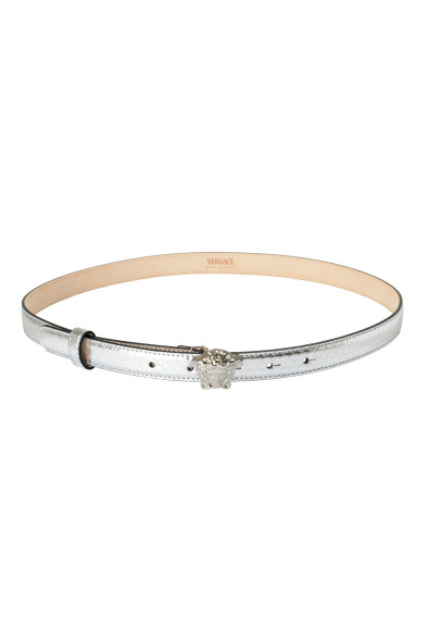 Versace Women's Silver 100% Leather Medusa Head Skinny Belt 