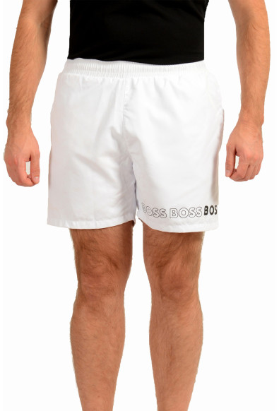 Hugo Boss Men's "Dolphin" White Logo Print Swim Board Shorts