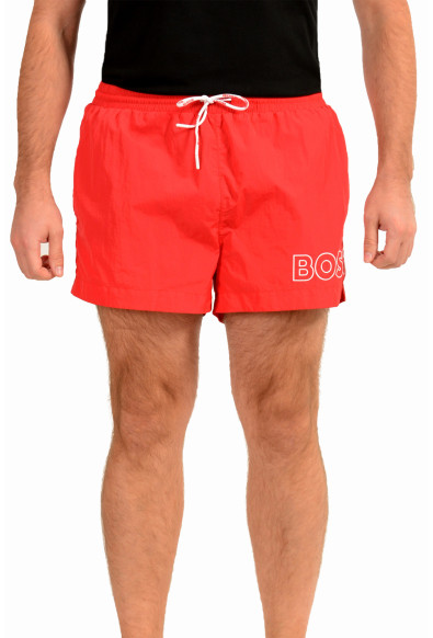 Hugo Boss Men's Mooneye Quick-Dry Red Logo Print Swim Board Shorts