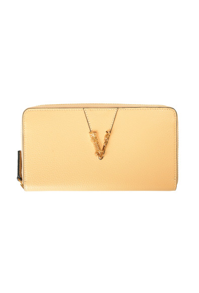 Versace Women's Beige 100% Pebbled Leather V-Logo Zip Around Wallet